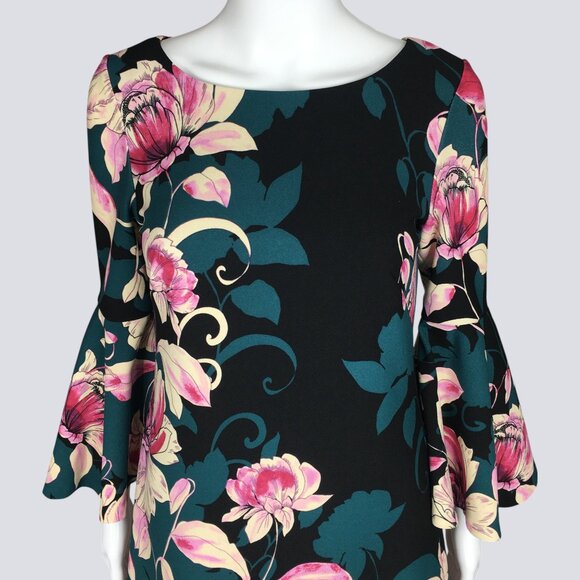 Eliza J Bell Sleeve Floral Shift Dress Size 2 Black Pink Cream Whimsical Chic - Picture 4 of 16